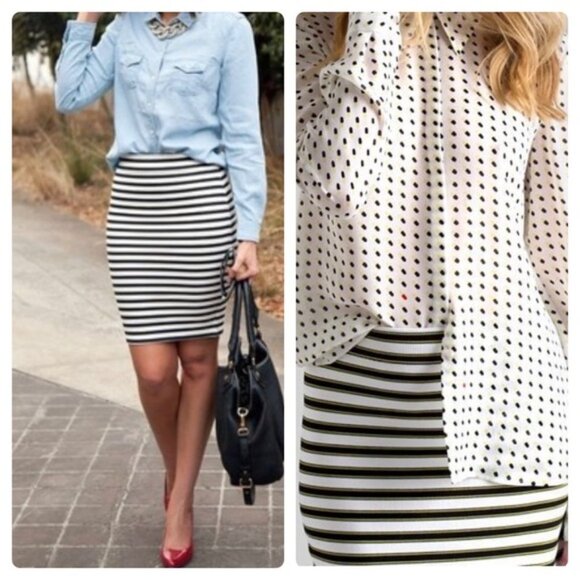 5/$100 SALE - A.L.C Marilyn Black White Yellow Striped Knit Pencil Skirt - Picture 4 of 9